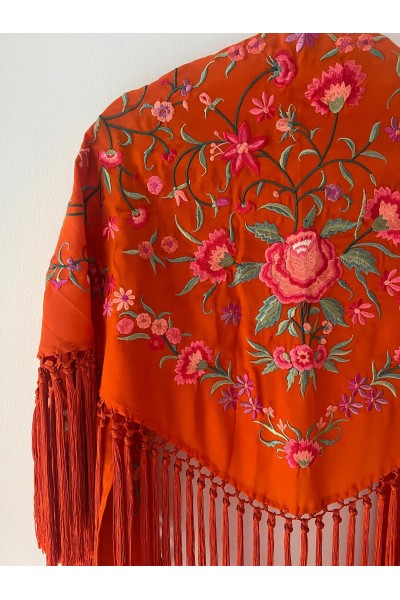 Mantoncillo de flamenca CINTIA naranja, crespón seda, flecado a mano