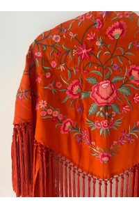 Mantoncillo de flamenca CINTIA naranja, crespón seda, flecado a mano