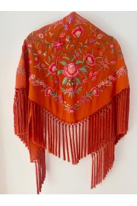 Mantoncillo de flamenca CINTIA naranja, crespón seda, flecado a mano