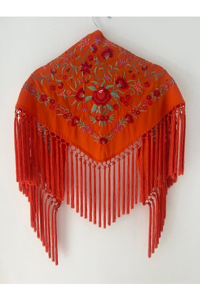 Mantoncillo de flamenca CINTIA de niña, naranja, crespón y seda
