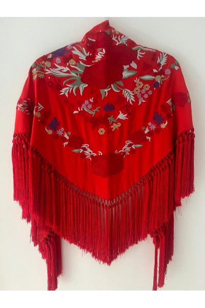 Mantoncillo REVUELO, rojo, bordado rojo, algodón, flecado a mano