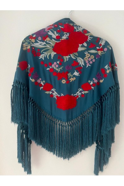Mantoncillo de flamenca REVUELO, azul petróleo,rojo, algodón, borlón