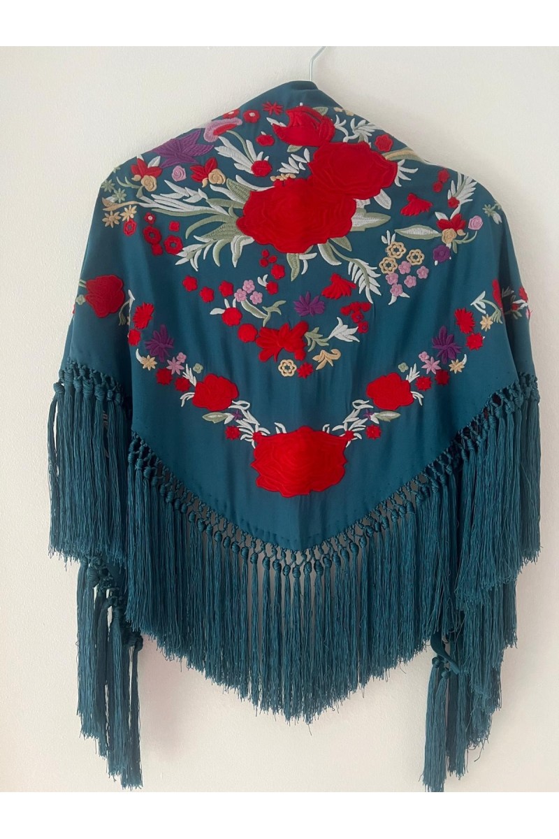 Mantoncillo de flamenca REVUELO, azul petróleo,rojo, algodón, borlón Mantoncillo de flamenca REVUELO, azul petróleo,rojo, algodón, borlón