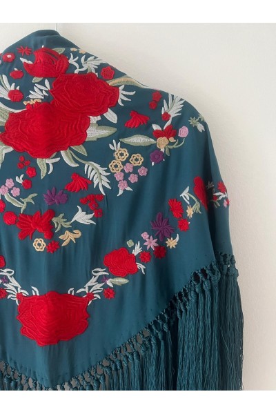 Mantoncillo de flamenca REVUELO, azul petróleo,rojo, algodón, borlón