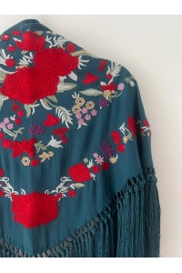 Mantoncillo de flamenca REVUELO, azul petróleo,rojo, algodón, borlón