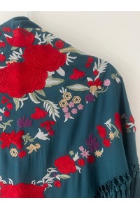 Mantoncillo de flamenca REVUELO, azul petróleo,rojo, algodón, borlón