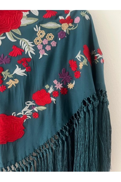 Mantoncillo de flamenca REVUELO, azul petróleo,rojo, algodón, borlón