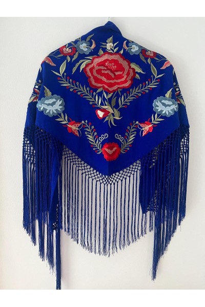 Mantoncillo de flamenca JÁNDULA azulón, bordado rojo, azul, crespón