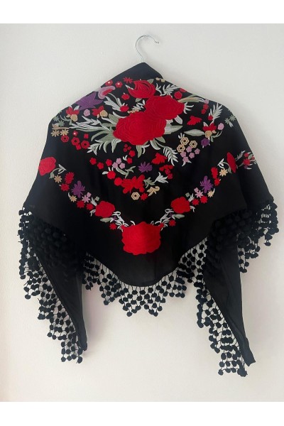 Mantoncillo de flamenca REVUELO negro, rojo, algodón, con madroños