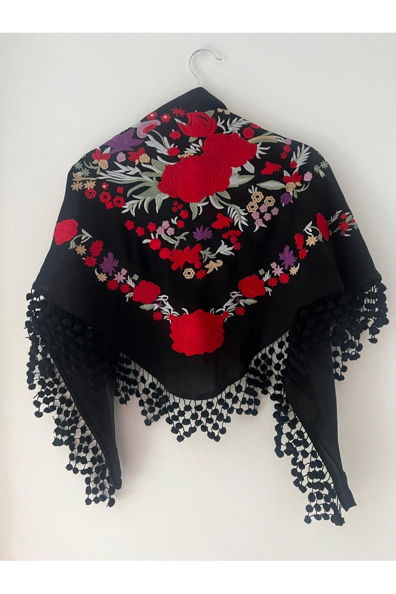 Mantoncillo de flamenca REVUELO negro, rojo, algodón, con madroños