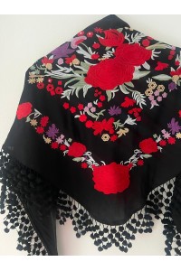 Mantoncillo de flamenca REVUELO negro, rojo, algodón, con madroños