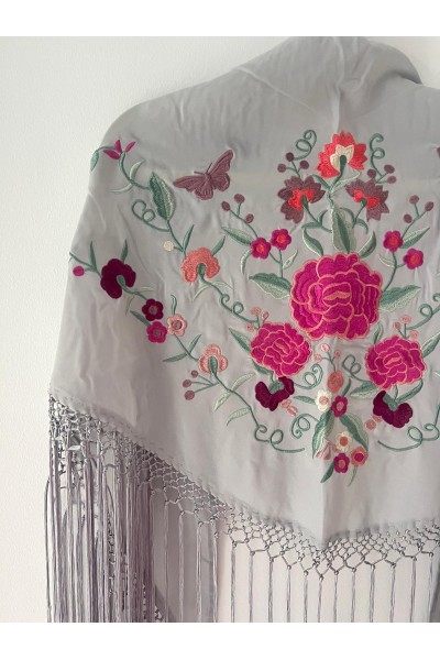 Mantoncillo de flamenca SANTANA gris y rosa