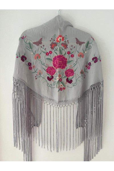 Mantoncillo de flamenca SANTANA gris y rosa