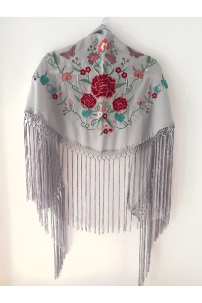 Mantoncillo de flamenca SANTANA, gris perla, rojo, flecado a mano