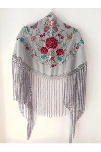 Mantoncillo de flamenca SANTANA, gris perla, rojo, flecado a mano