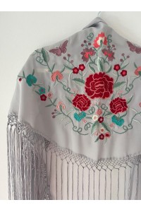 Mantoncillo de flamenca SANTANA, gris perla, rojo, flecado a mano