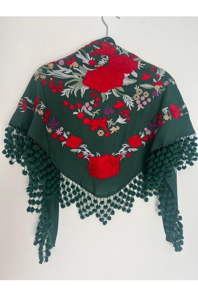 Mantoncillo de flamenca REVUELO negro y rojo , algodón, con madroños