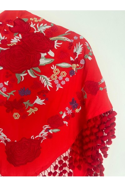 Mantoncillo de flamenca REVUELO rojo , algodón, con madroños