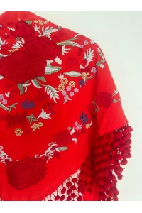 Mantoncillo de flamenca REVUELO rojo , algodón, con madroños