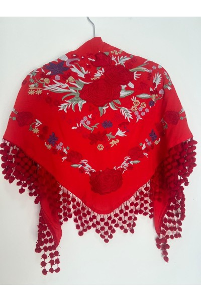 Mantoncillo de flamenca REVUELO rojo , algodón, con madroños