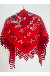 Mantoncillo de flamenca REVUELO rojo , algodón, con madroños