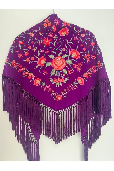 Mantoncillo de flamenca CINTIA morado, crespón y seda, borlones