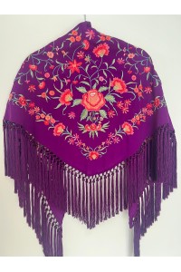 Mantoncillo de flamenca CINTIA morado, crespón y seda, borlones