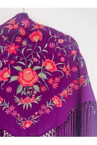 Mantoncillo de flamenca CINTIA morado, crespón y seda, borlones
