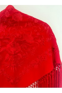 Mantoncillo de flamenca CINTIA rojo al tono, crespón con borlones
