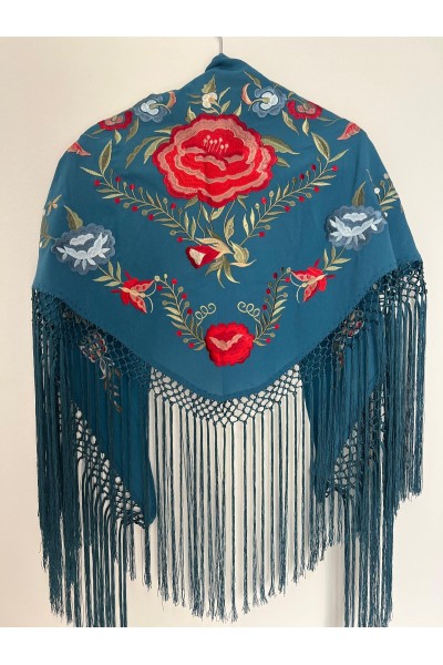 Mantoncillo de flamenca JÁNDULA, azul petróleo, rojo, crespón