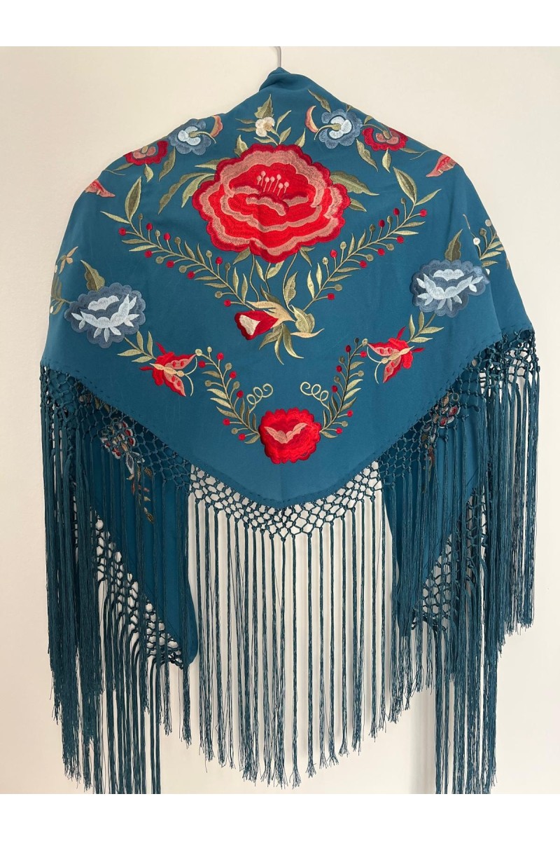 Mantoncillo de flamenca JÁNDULA, azul petróleo, rojo, crespón Mantoncillo de flamenca JÁNDULA, azul petróleo, rojo, crespón