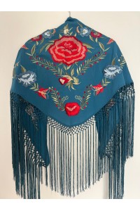 Mantoncillo de flamenca JÁNDULA, azul petróleo, rojo, crespón