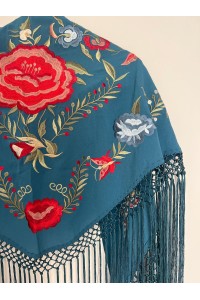 Mantoncillo de flamenca JÁNDULA, azul petróleo, rojo, crespón