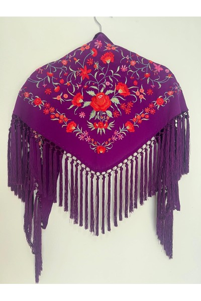 Mantoncillo de flamenca de niña CINTIA morado, rojo, crespón, borlones