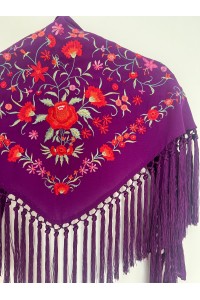 Mantoncillo de flamenca de niña CINTIA morado, rojo, crespón, borlones