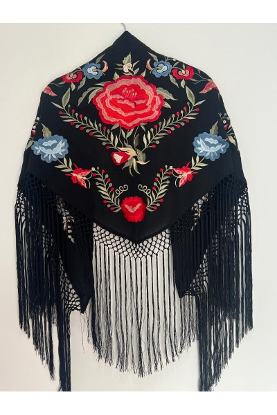 Mantoncillo de flamenca JÁNDULA negro rojo, celeste, crespón, flecado