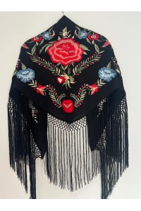 Mantoncillo de flamenca JÁNDULA negro rojo, celeste, crespón, flecado