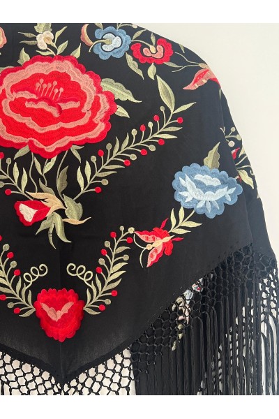 Mantoncillo de flamenca JÁNDULA negro rojo, celeste, crespón, flecado