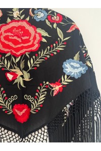 Mantoncillo de flamenca JÁNDULA negro rojo, celeste, crespón, flecado