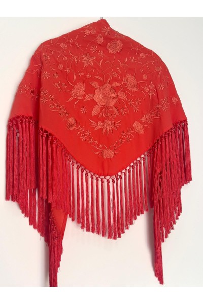 Mantoncillo de flamenca CINTIA coral al tono, crespón, borlones