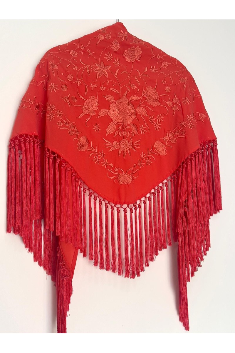 Mantoncillo de flamenca CINTIA coral al tono, crespón, borlones
