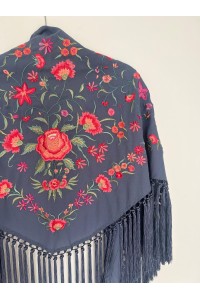 Mantoncillo de flamenca CINTIA azul ducado, crespón y seda, borlones
