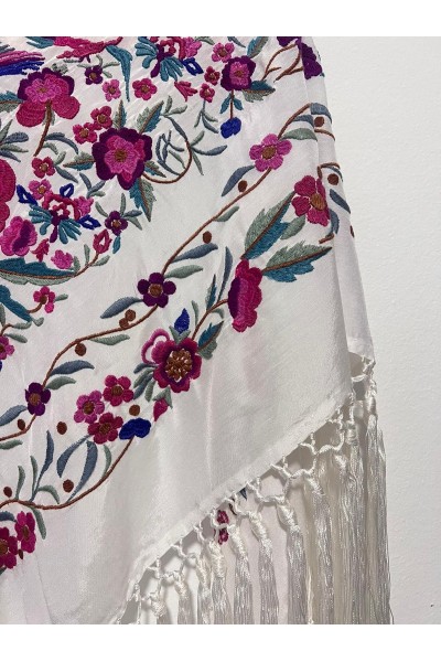 Mantoncillo de flamenca PARAISO blanco, rosa, seda, borlón