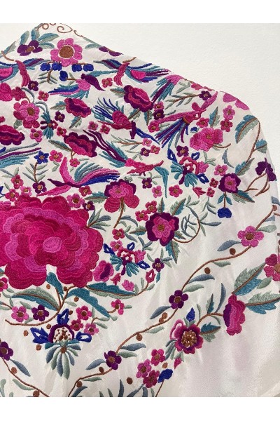 Mantoncillo de flamenca PARAISO blanco, rosa, seda, borlón