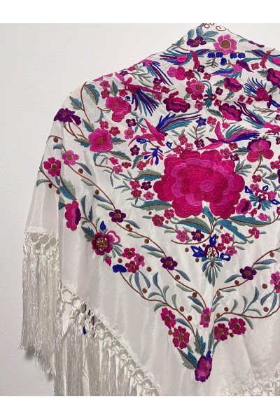 Mantoncillo de flamenca PARAISO blanco, rosa, seda, borlón