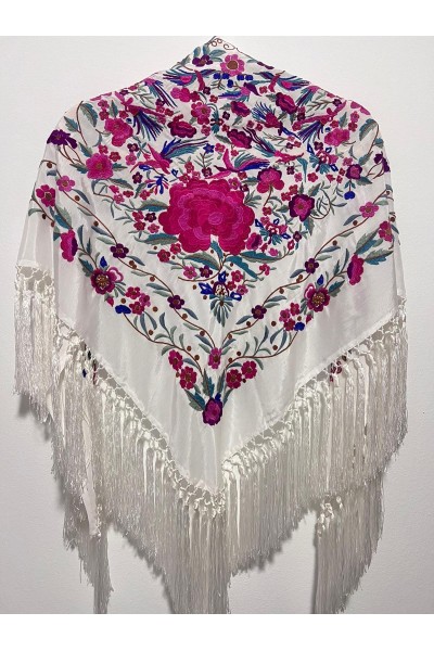 Mantoncillo de flamenca PARAISO blanco, rosa, seda, borlón