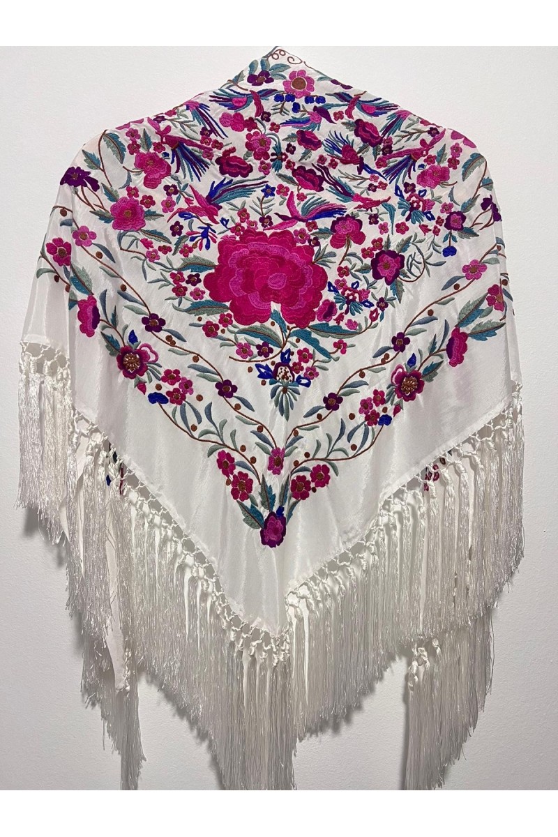 Mantoncillo de flamenca PARAISO blanco, rosa, seda, borlón