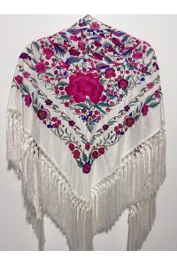 Mantoncillo de flamenca PARAISO blanco, rosa, seda, borlón