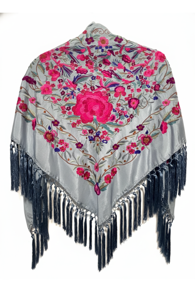 Mantoncillo de flamenca azul grisaceo, rosa fuxia, seda, borlón