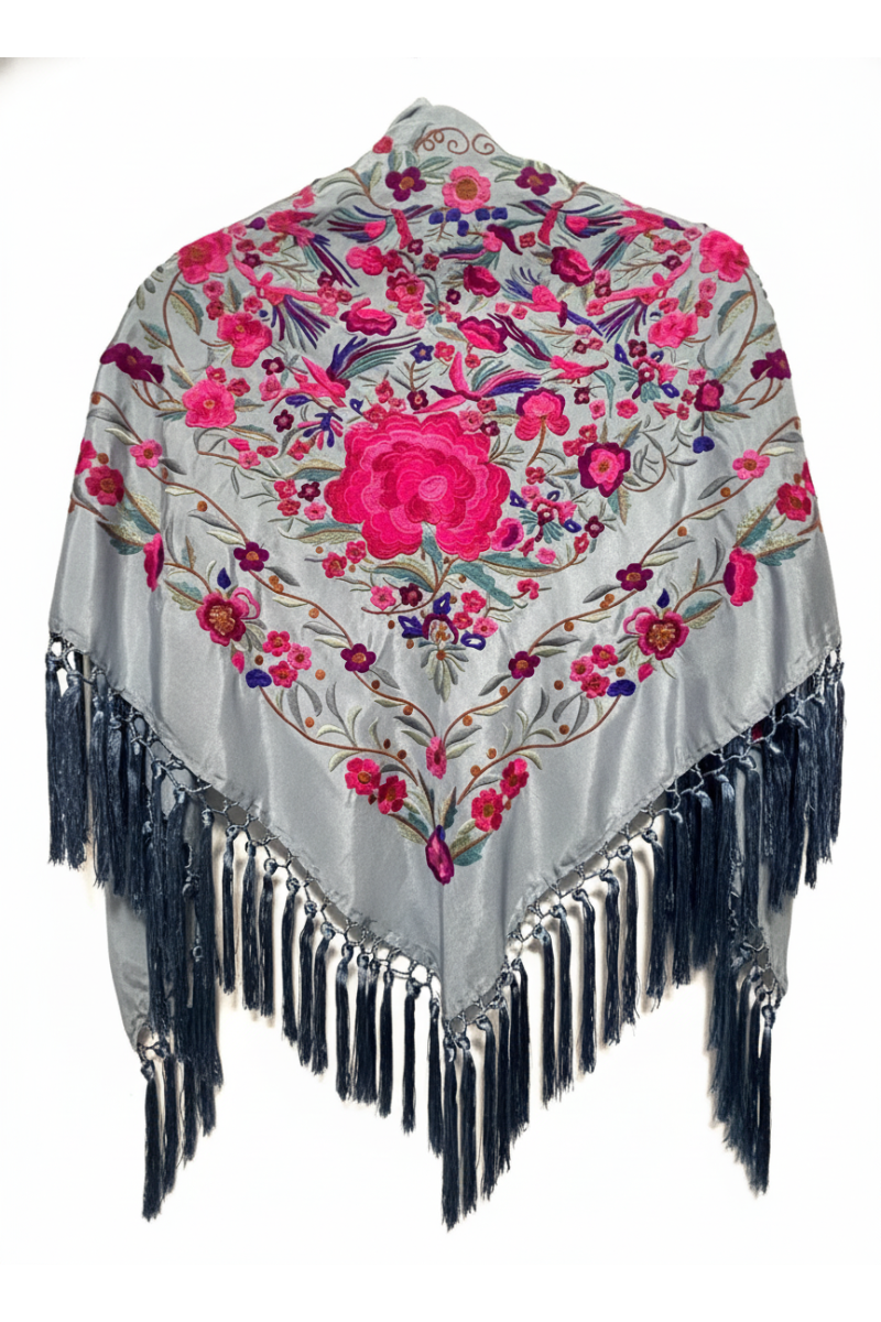 Mantoncillo de flamenca gris, rosa fuxia, seda, borlón